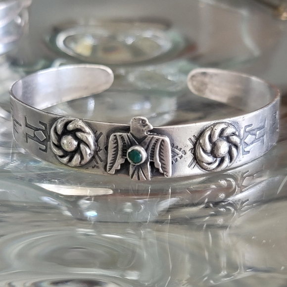 1940s Turquoise Navajo Sterling Products Coin Silver Cuff Bracelet Thunderbird - Picture 4 of 16